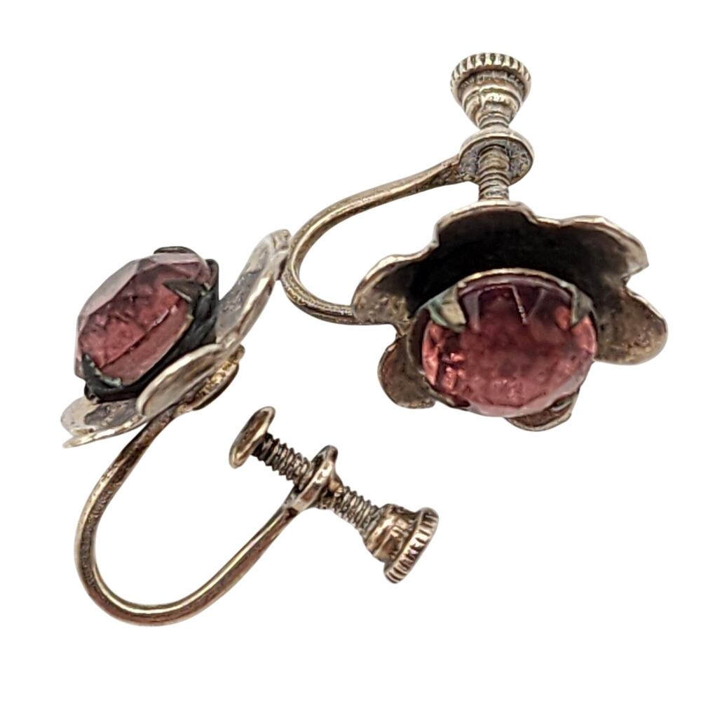 Antique Sterling Screw Back Earrings Pink Paste Flower Design